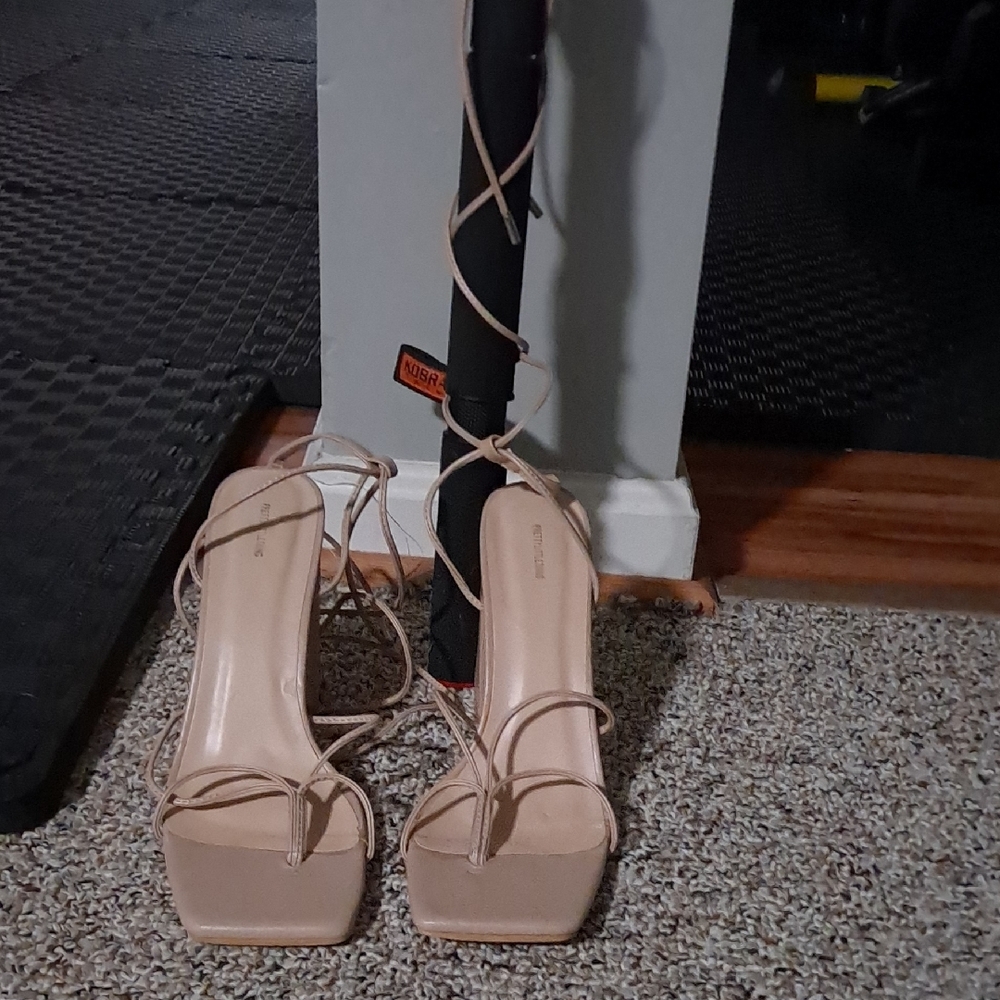 PrettyLittleThing Nude Lace-Up Square Toe Heeled Sandals